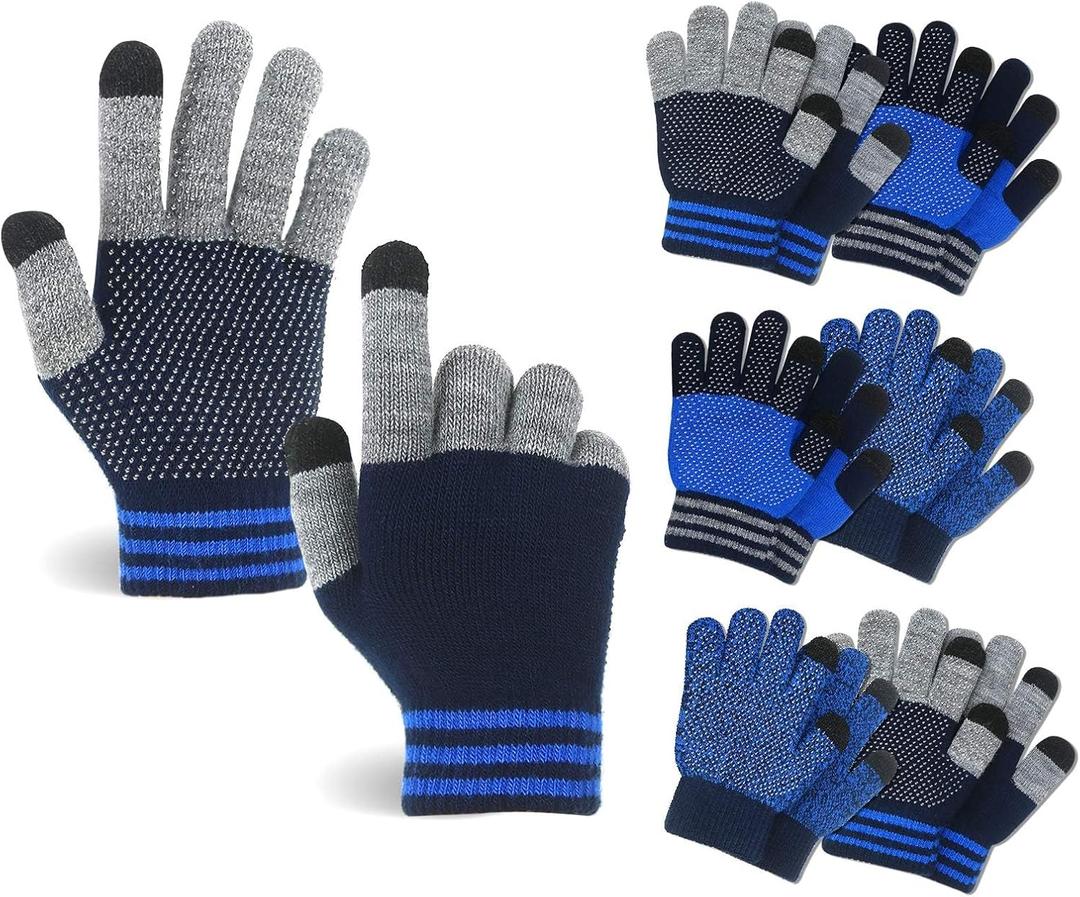 MIG4U Kid's Winter Gloves Warm Magic Stretch Knitted Glove for Children Teens Boys 3/6 pairs (Grey/Navy/Blue-6pairs)