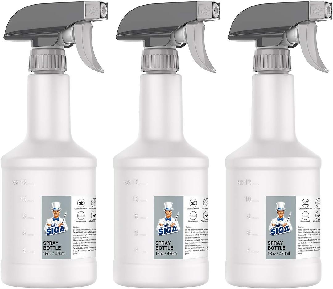 MR.SIGA 16 oz Empty Plastic Spray Bottles for Cleaning Solutions, Heavy Duty Household Reusable Spray Bottles with Measurements and Adjustable Leak Proof Nozzle, 3 Pack MR.SIGA 16 oz Empty Plastic Spray Bottles for Cleaning Solutions, Heavy Duty Household Reusable Spray Bottles with Measurements and Adjustable Leak Proof Nozzle, 3 Pack
