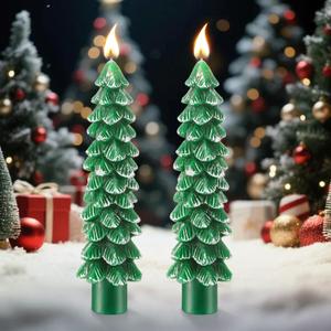 2 Pack Christmas Tree Candles, 5 Inch Unscented Tree Shaped Taper Beeswax Candles for Christmas Holiday Decor Table Centerpiece Display Party Banquet Gift (Green with Silver Trim)