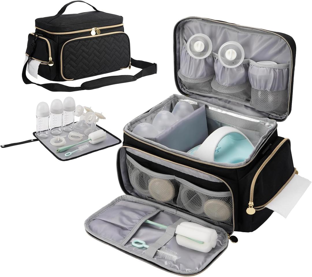 PHOEBUS BABY Breast Pump Bag Compatible with Spectra S1 and S2, Large Insulated Storage with Waterproof Mat, Travel & Work Portable Pump Carrying Case for Pumping Accessories, Black