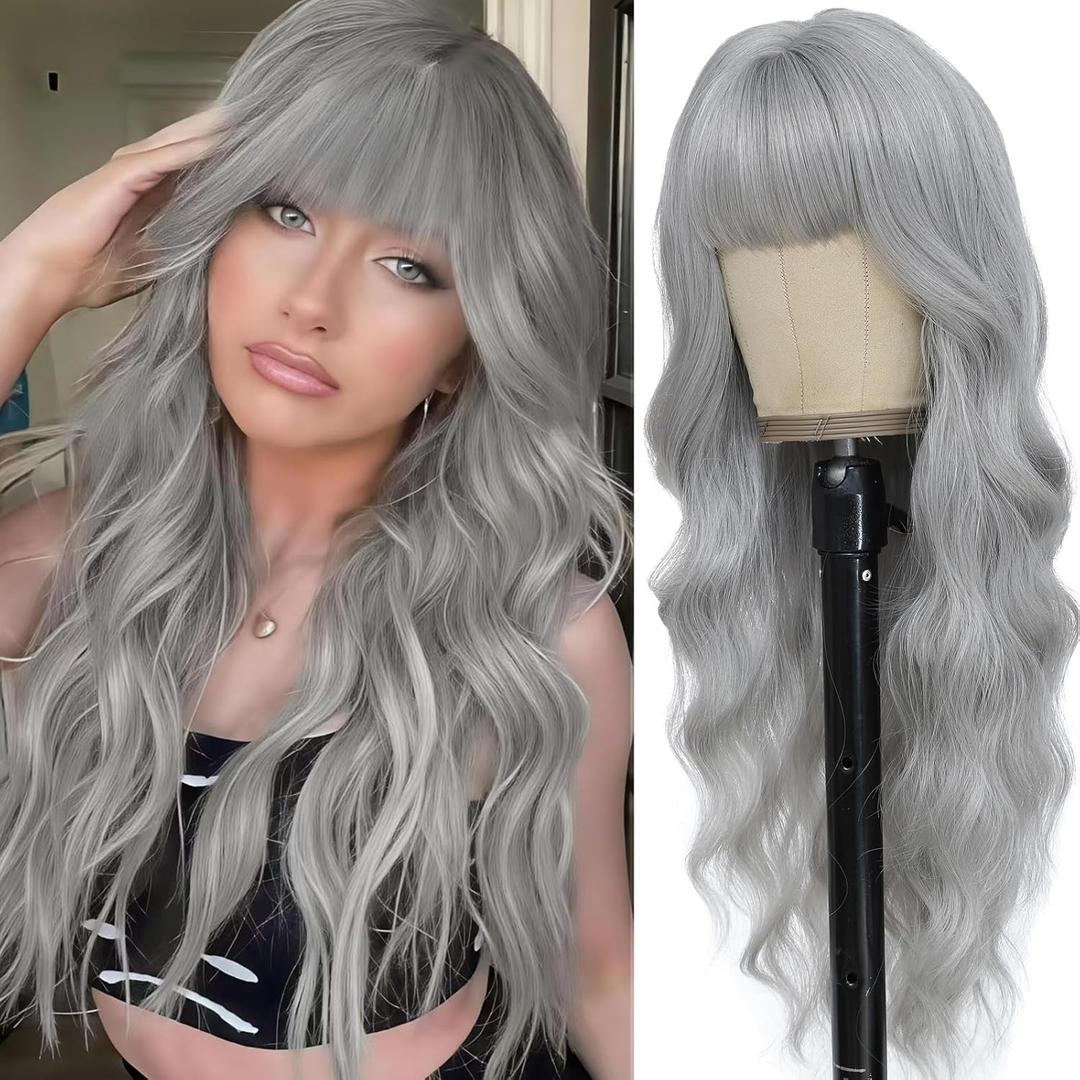 Gray Wig with Bangs for Women Long Grey Wavy Wigs 26 Inch Gray Wigs Natural Looking Heat Resistant Synthetic Wig for Daily Party Use