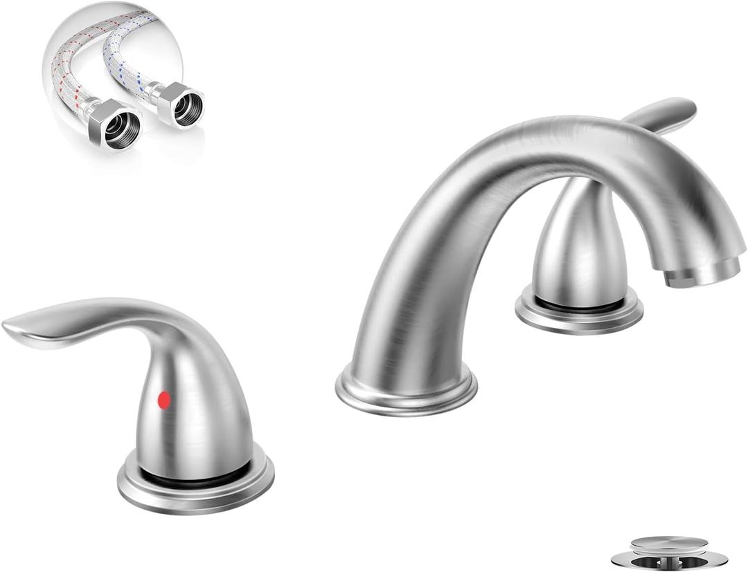 Phiestina 3-Hole 8 Inch Brushed Nickel Widespread Bathroom Faucet Low Arc 2-Handle Bathroom Vanity Faucet with Water Supply line & Metal Pop Up Drain, BF03008-K05-GBN
