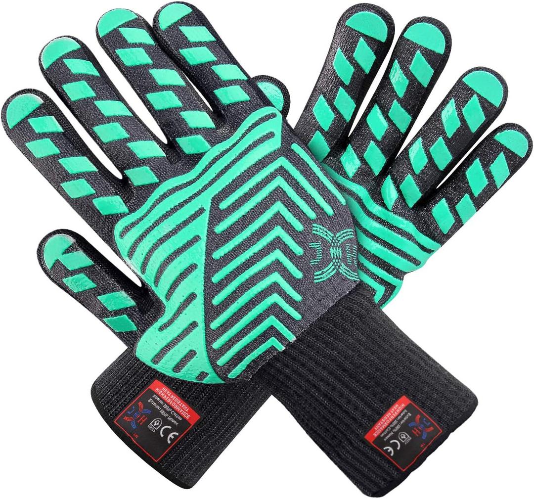 J H Heat Resistant Oven Glove:EN407 Certified 932 F, 2 Layers Silicone Coating, Oven Mitts for Cooking, Kitchen, Fireplace,Camping, Grilling (Black/Green)
