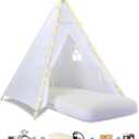Teepee Tent for Kids with Inflatable Airbed, String Lights, Balloons, Pump, Washable Slumber Party Tent Indoor Outdoor for Girls Boys, Children Tipi Playhouse for Playtime and Sleepover (1 Pack, White)