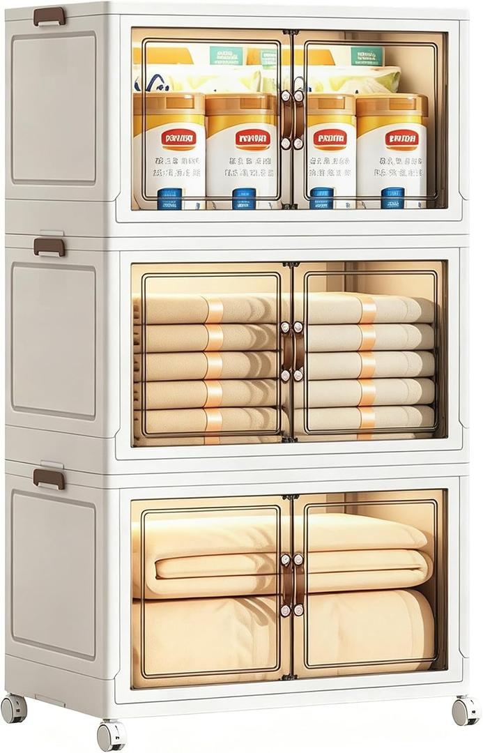 130.65QT Foldable Stackable Storage Bins with Magnetic Doors & Lockable Wheels, 3 Pack Large Plastic Closet Organizer, Tool-Free Storage Box for Bedroom Kitchen Bathroom Dorm Office Garage, 3PACK-19.68"W11.81"D33.07"H