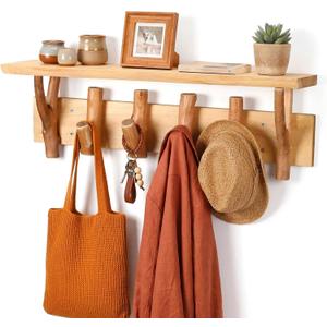 Geelin 24 Inch Coat Rack Wall Mount with Shelf, Entryway Wall Shelf with Hooks, Wood Shelves with 4 Hooks for Entryway Living Room, Bedroom, Kitchen Boho Bathroom Decor