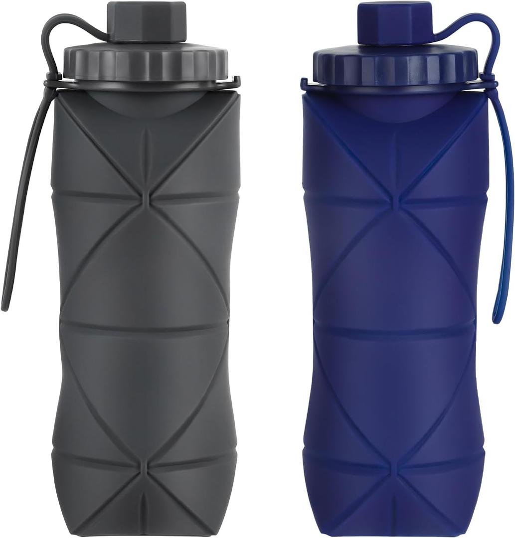 Silicone Collapsible Water Bottles,Lightweight Reusable Leakproof For Traveling Camping Hiking Cycling Sports Outdoor,Foldable Portable Travel Water Bottle 600ML Dark Grey And Dark Blue 2Pack.