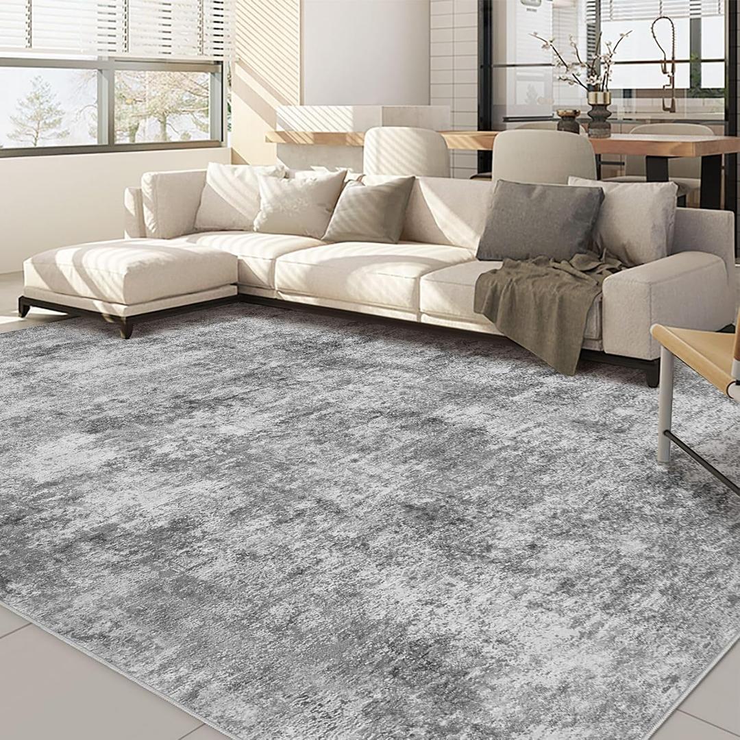 Nakagishi 9x12 Area Rugs Living Room: Washable Abstract Large Neutral Soft Rug Stain Resistant Modern Indoor Floor Non-Slip Carpet for Bedroom Nursery Kids Playroom Office Dining Room Dorm- Grey