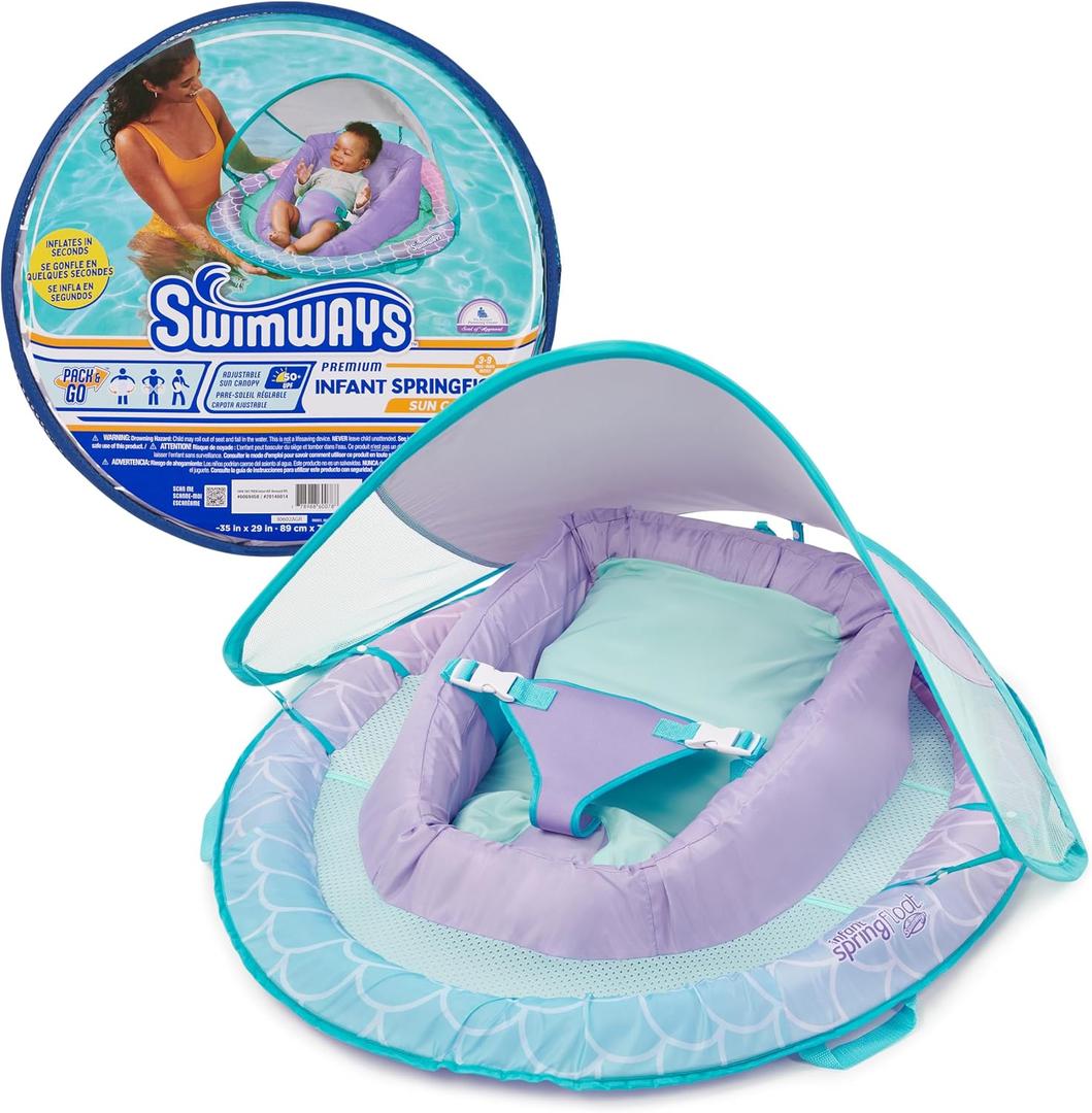 SwimWays Infant Spring Float, Baby Pool Float with Canopy & UPF Protection, Swim Training PFD, Swimming Pool Accessories for Babies 3-9 Months, One Size