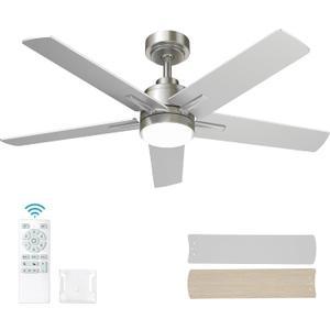 52 Inch Brushed Nickel Ceiling Fan with Light and Remote Control,Dimmable 3 Color Temperatures LED Ceiling Fan,6 Speeds Reversible DC Motor,5 Blades Modern Ceiling Fans for Indoor or Covered Outdoor