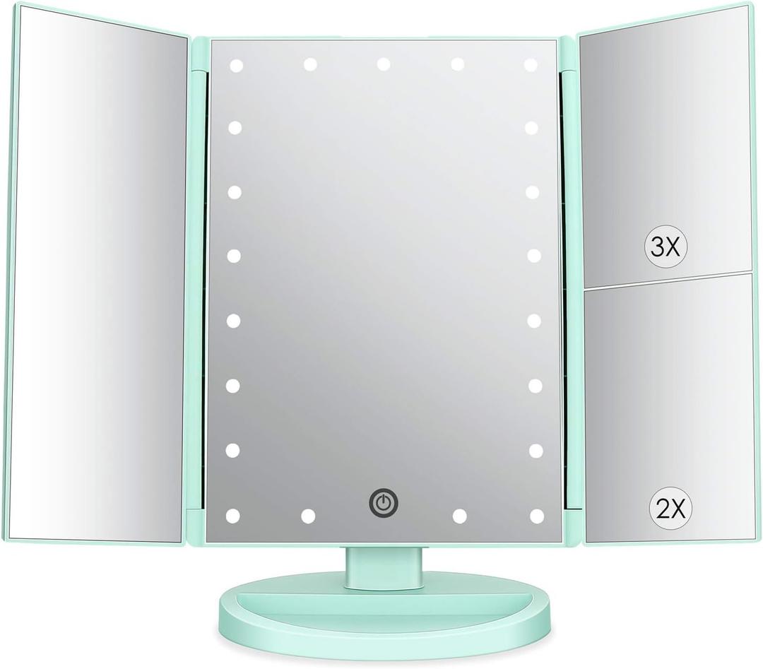 deweisn Tri-Fold Lighted Vanity Tabletop Mount Mirror with 21 LED Lights, Touch Screen and 3X/2X/1X Magnification, Two Power Supply Mode Make up Mirror,Travel Mirror (Green)