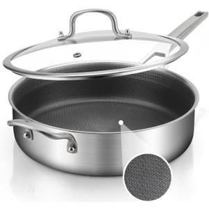 Saute Pan with Lid 5-Quarts,12.5 Inch 18/10 Tri-Ply Nonsitck Large Frying Pan, Up to 600 Full Clad Stainless Steel 3 Layer Deep Frying Pan with Stay Cool Handle, Dishwasher and Metal Utensil Safe