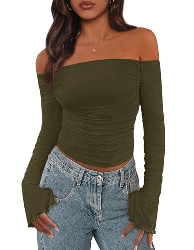 PRETTYGARDEN Fall Tops for Women 2025 Trendy Long Sleeve Crop Mesh Slim Fit Y2K Cute Shirts Going Out Off The Shoulder Top (Army Green, Small), S