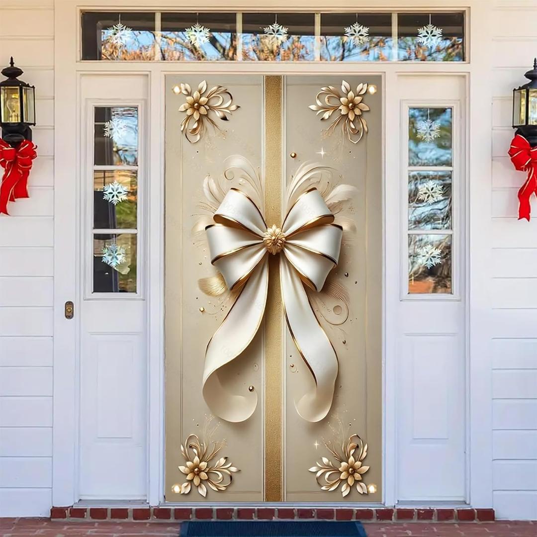 Elegant Bow Door Cover 71x35 Inch Luxury Gift Banner with Gold Floral Accents and White Ribbon Design for Front Door Indoor Outdoor Holiday Party Decor