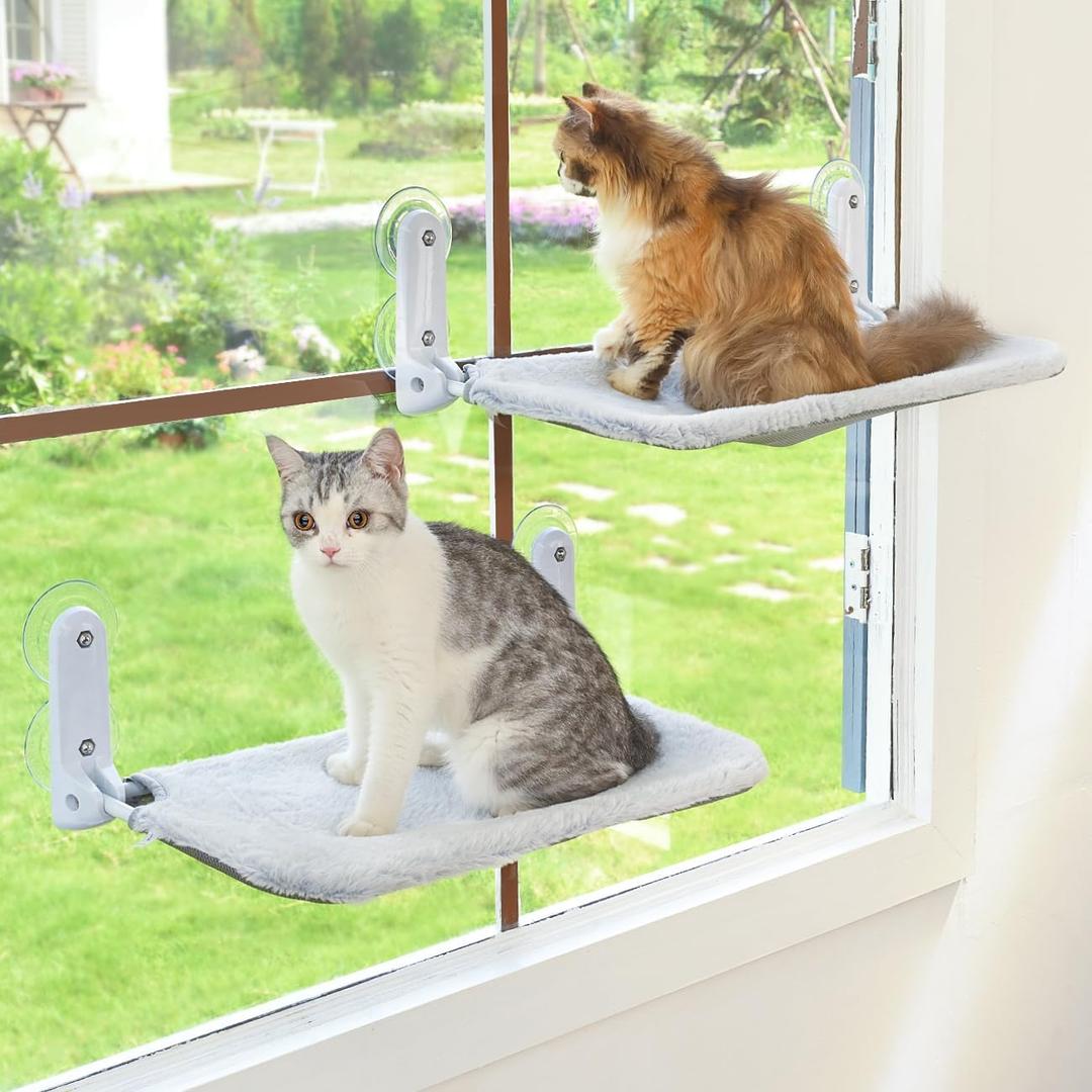 Zoratoo 2PC Cat Window Perch Cordless Foldable Cat Hammock Bed for Window with Metal Frame and Reversible Cover, Large Suction Cups Window Resting Seat for Indoor Cats (Cat Bed, L-2PC) Grey