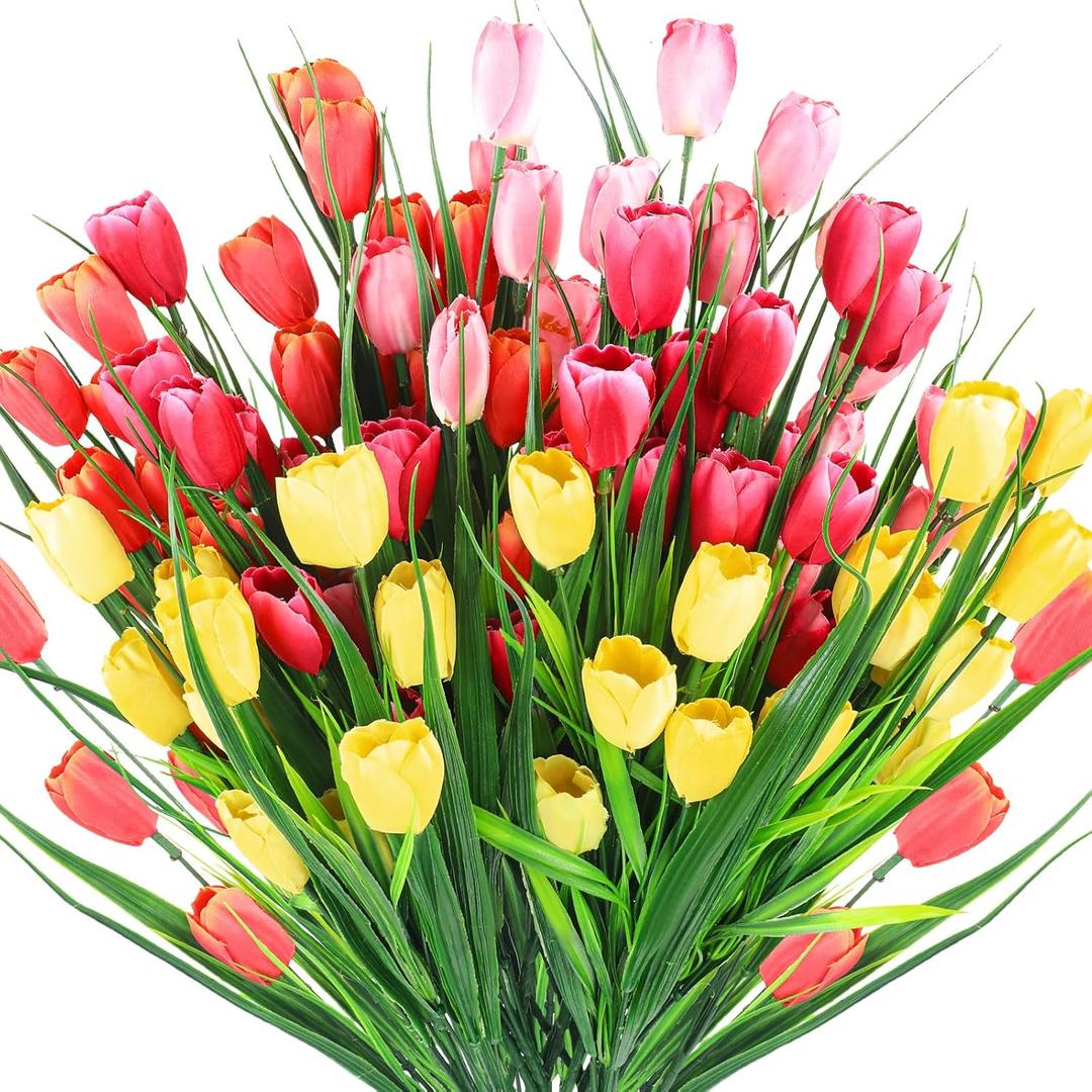 Yungyan 20 Bundles Artificial Flowers Multicolor Fake Tulips No Fade Faux Tulips Plastic Flower Arrangement for Easter Spring Decor Wedding Garden Table Centerpiece(Rose Red, Orange, Pink, Yellow)