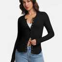 Abonlen Womens Cardigan Lightweight Waffle Knit Long Sleeve Button Down Shirts Fitted Going Out Tops (Black, L)
