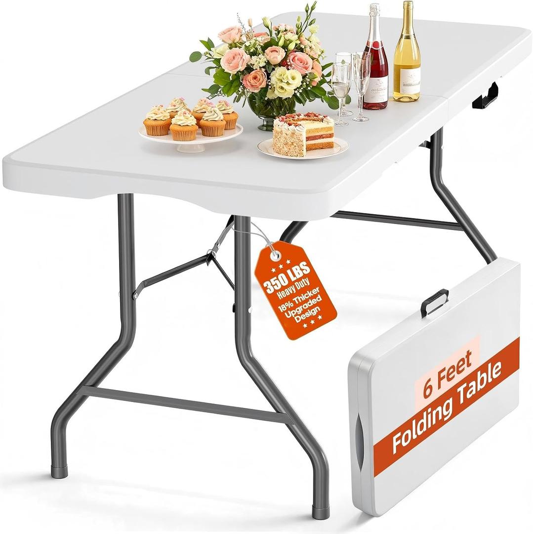 Folding Table 6FT 350 LBS Heavy Duty Foldable Table with 18% Thicker HDPE Waterproof Top, Portable Fold in Half with Handle, Reinforced Steel Frame for Indoor Outdoor Party Events