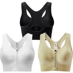 Zip Front Sports Bra for Women - Medium Support Racerback Workout Bra with Removable Pads & Double Hooks (Black+white+flesh)