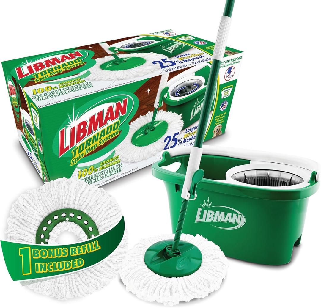 Libman Tornado Spin Mop System - Mop and Bucket with Wringer Set for Floor Cleaning - 2 Total Mop Heads Included, Green