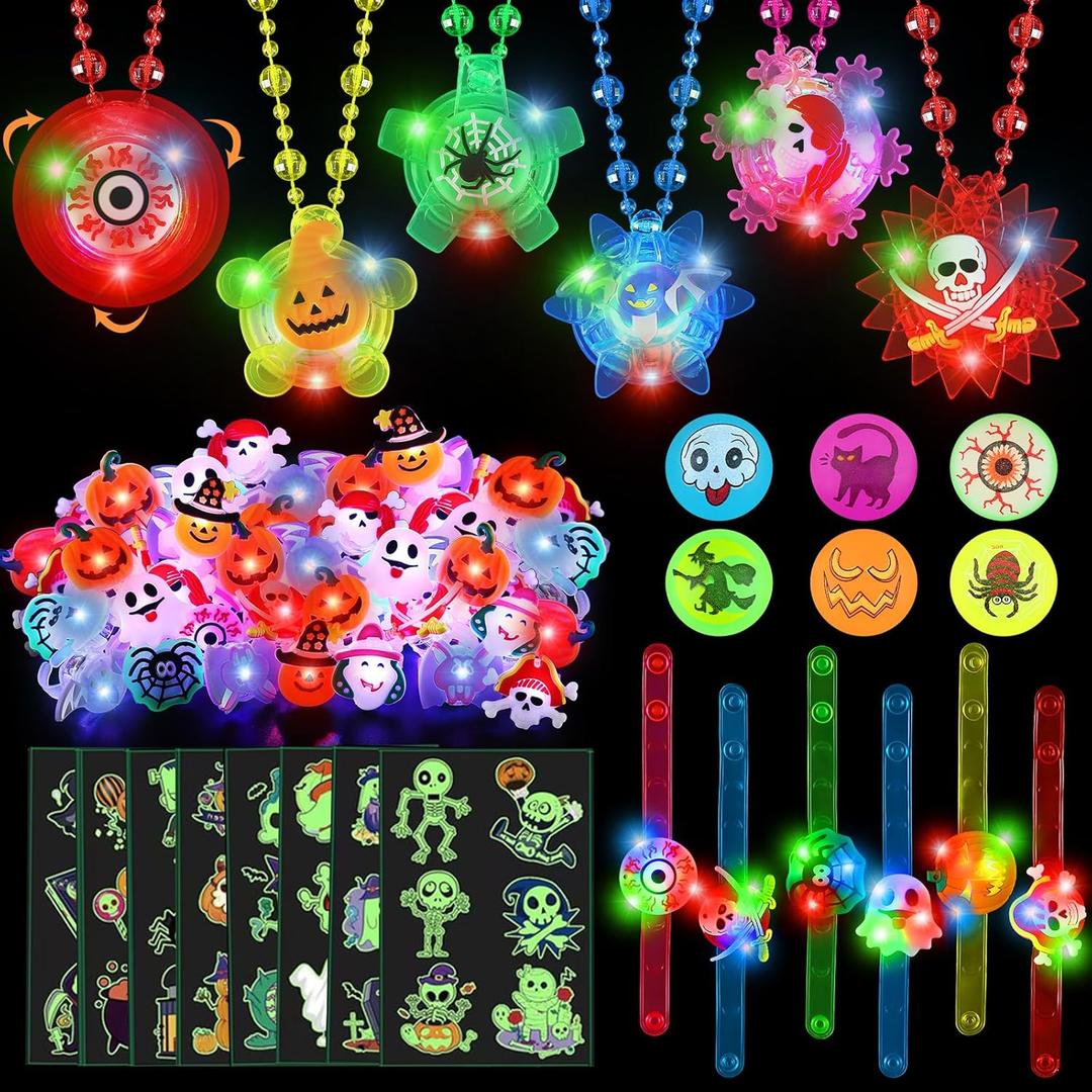 68 PCS Halloween Party Favors for Kids LED Spinning Necklaces Light Up Rings Bracelets Glow in the Dark Toys Bulk for Halloween Goodie Bag Fillers Trick or Treats Party Supplies