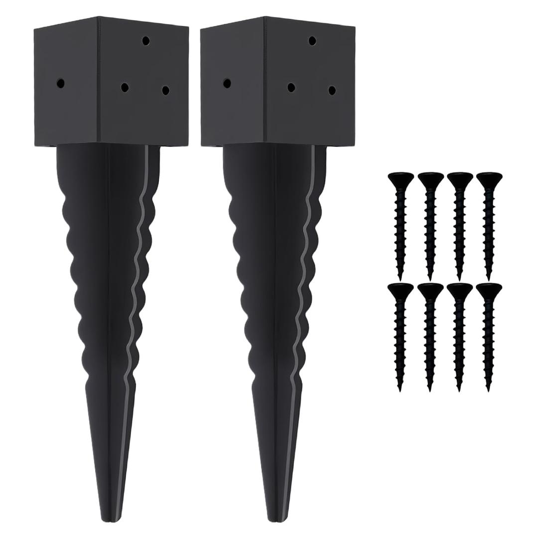 2 Pcs 16" 4"x4" Fence Post Anchor Ground Spike (Fit 3.6"x3.6") Post | Heavy Duty Metal Post Base|Black Powder-Coated Post Anchors 4x4 No Dig For Mailbox|Deck|Fence|Railing|Pipe Rack
