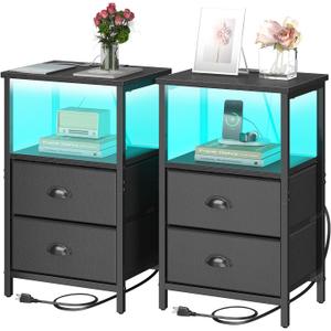 Nightstand with Charging Station, LED Night Stand Set 2, Bedside Table End Table Set of 2, Bedroom Table with 2 Fabric Drawers PU Finish, 3-Tier Storage Side Table for Bedroom,Black