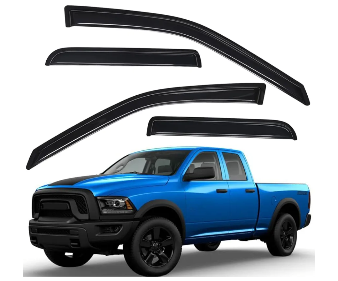 Lightronic 94101 Extra Durable Outside-Mount Auto Vent Window Visors, Fits 2009-2010 Dodge Ram 1500, 2011-2018 Ram 1500, 2019-2024 Ram 1500 Classic, Quad Cab, Original Wind Deflector, Smoke, 4-Pcs