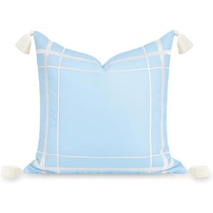 Hofdeco Premium Coastal Patio Indoor Outdoor Throw Pillow Cover Only, 20"x20" Water Repellent for Backyard, Couch, Baby Blue Embroidered Line Frame