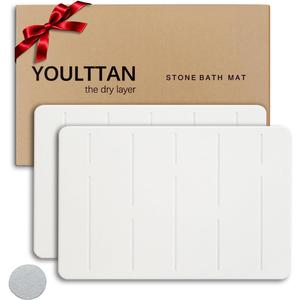Home Bath Stone Mat 24"x16" (2-Pack)  Quick-Dry, Non-Slip Diatomaceous Earth Mat, Stylish & Absorbent, White Straight