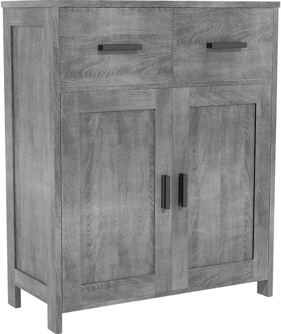 Kitchen Cabinet with 2 Doors & 2 Drawers - Buffet Storage Cabinet for Dining Room, Living Room, Bathroom, Coffee Bar Station & Hallway, Grey Wood