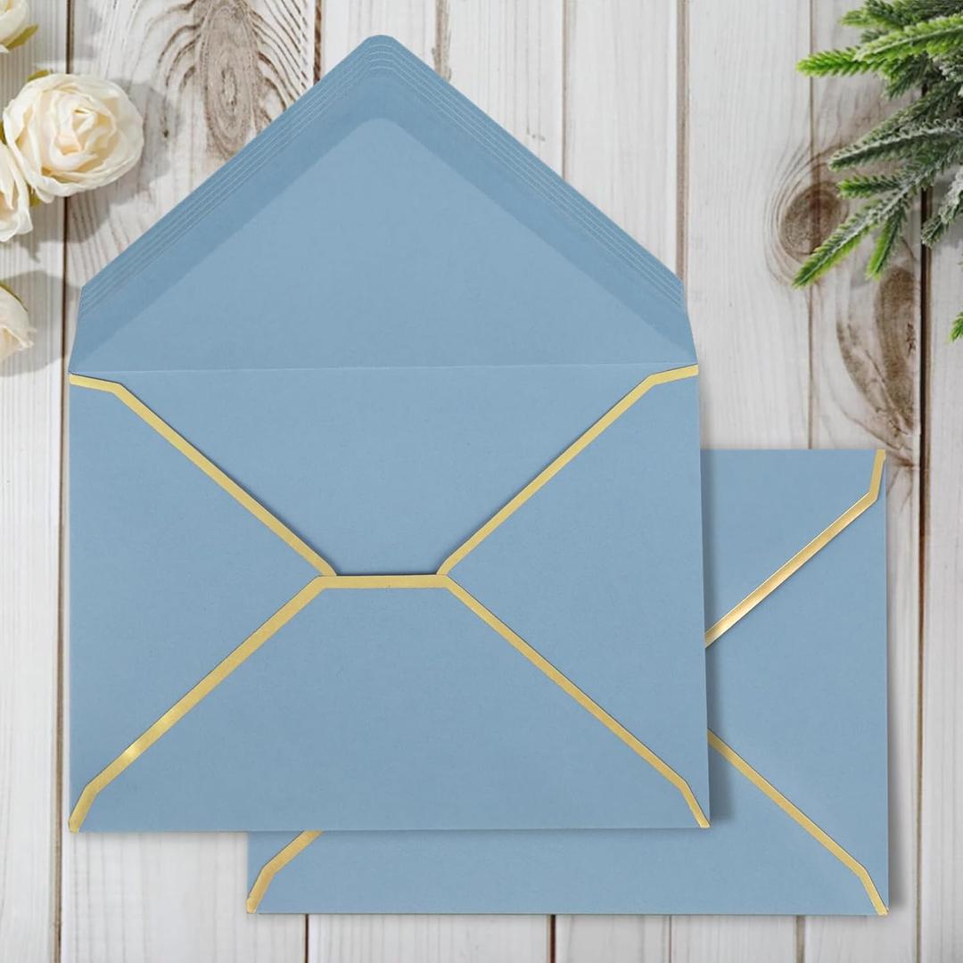 Whaline 50Pcs A7 Invitation Envelopes with Gold Border Dusty Blue Greeting Card Envelopes V-Flap Envelopes Gift Card Sleeves for Mailing Envelopes Sending Card, 7.3x5.3 Inch