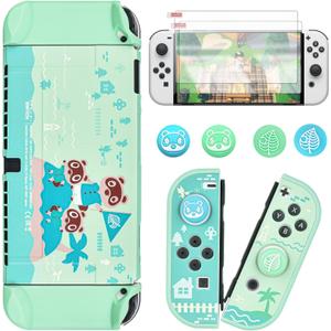 DLseego Animal Crossing Switch OLED Case Protective Cover Dockable Hard Shell Joy Con Skin Accessory With 4PCS Thumb Grips Caps and 2PC Screen Protectors (Green)