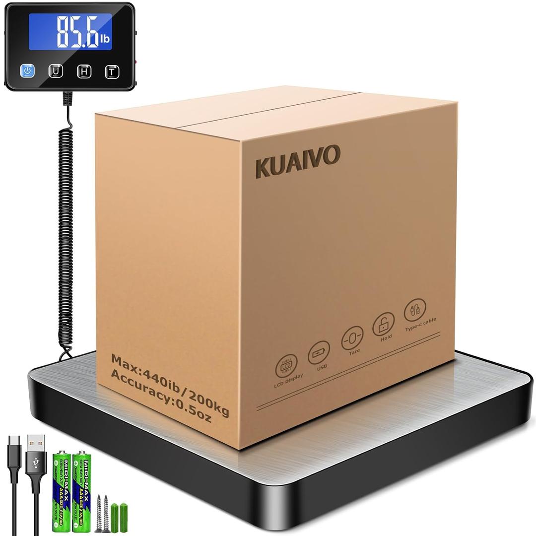 KUAIVO Shipping Scale, 440lb/0.35oz High Accurate Digital Postal Scale with Hold/Tare Function, Shipping Scale for Small Business, Packages, Luggage, Home Use, Battery & Charging Cable Include (Silver)
