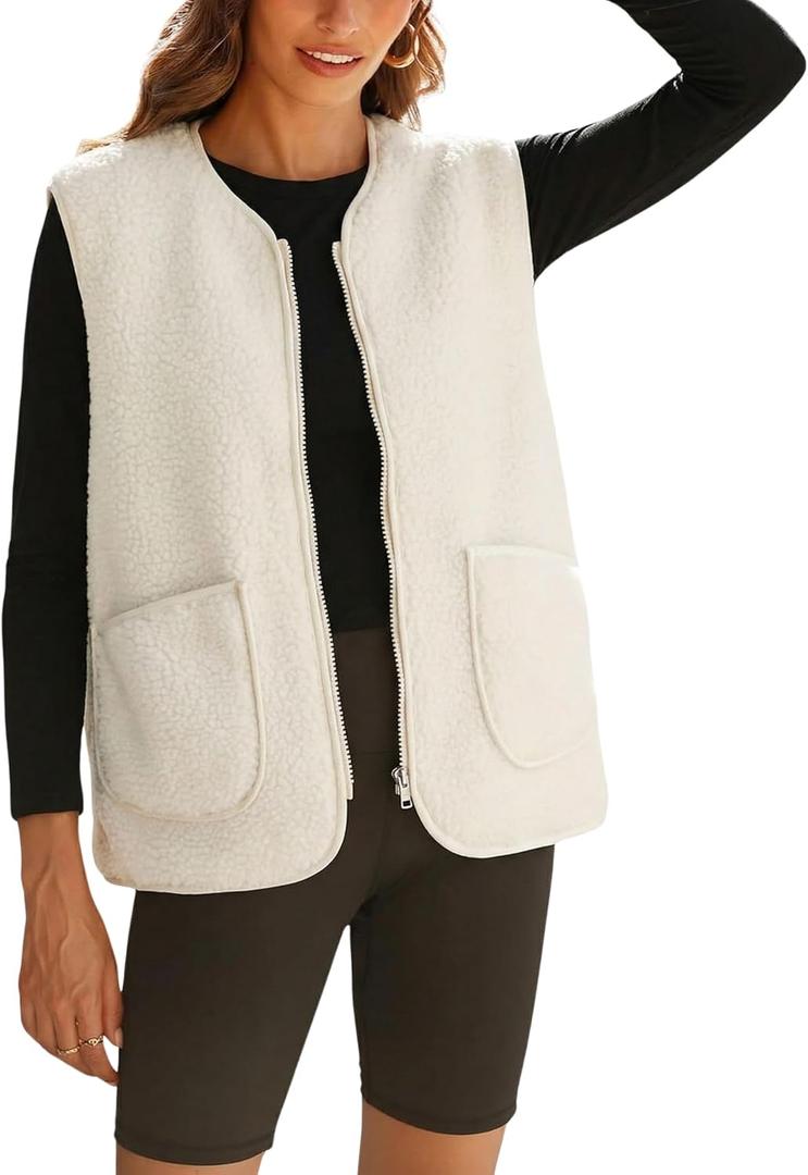 Zhiyouni Women's Fuzzy Fleece Vest Casual Sleeveless Sherpa Jacket Coat Gilet with Pockets (Medium, Beige)