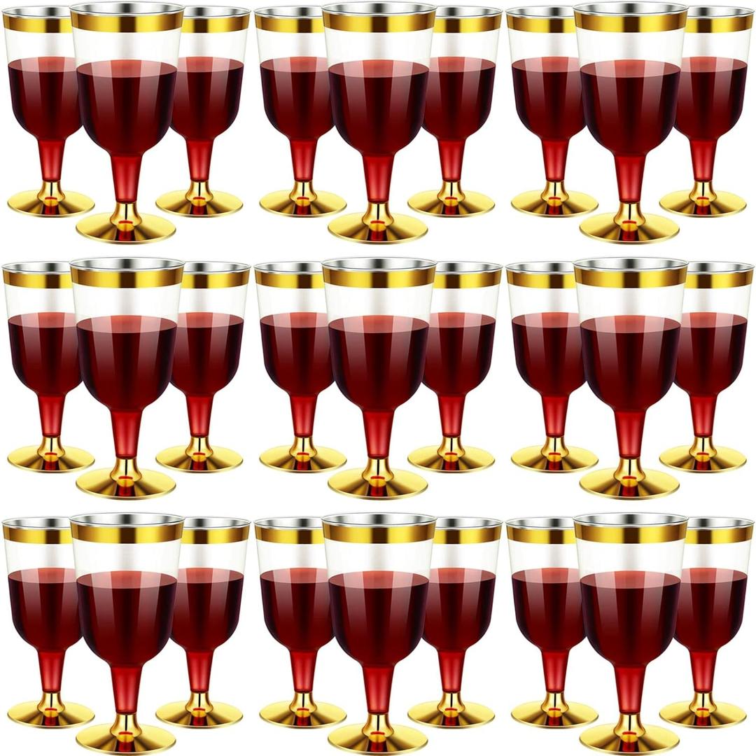 CHENGU 100 Pieces Plastic Disposable Wine Glasses with Gold Rim 7 Oz Clear Hard Plastic Fancy Wine Cups with Stem for Wedding Birthday Anniversary Party Supplies