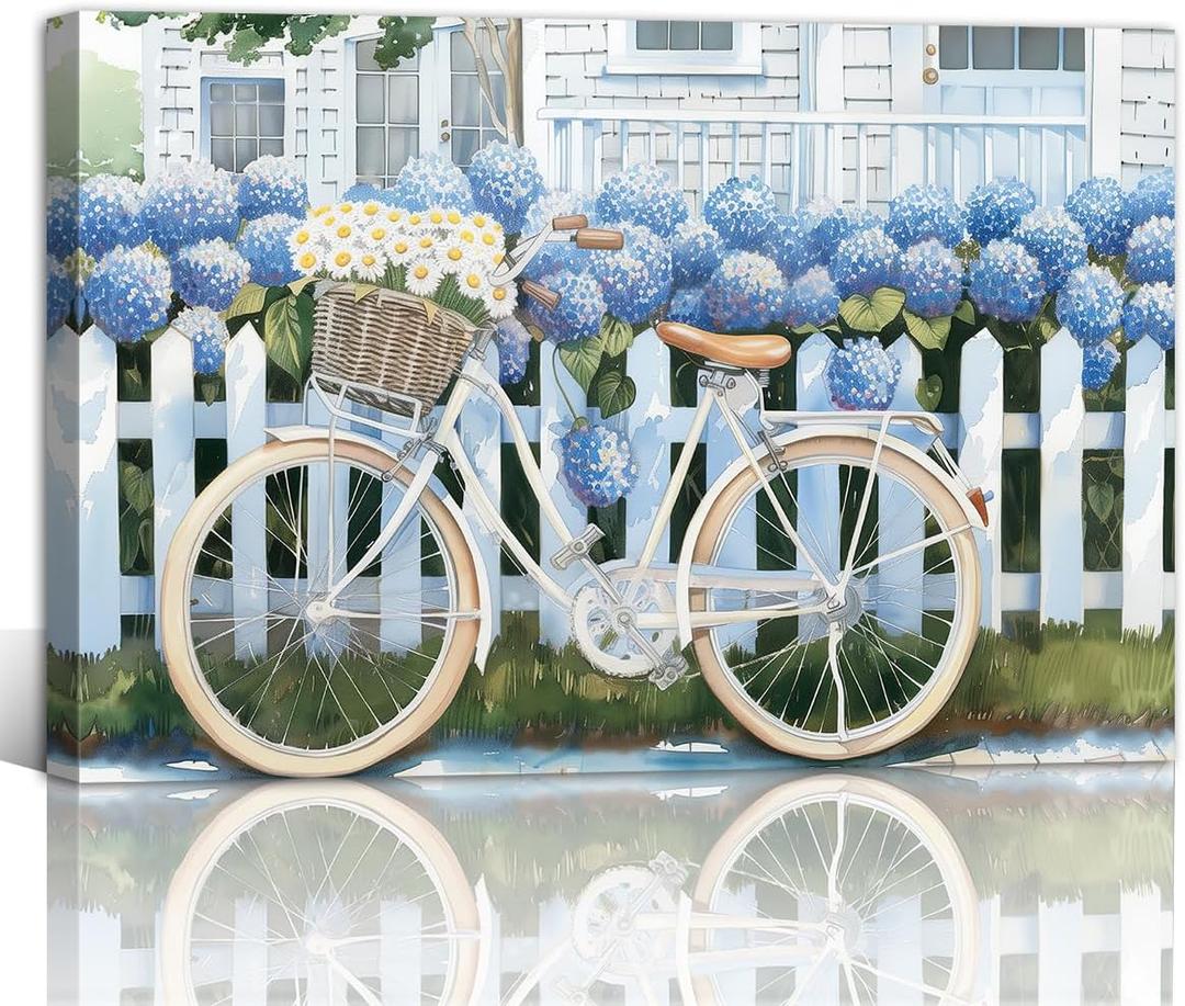 TIEHAOMAI Floral Bicycle Wall Art Bike with Flowers Paintings Blue Hydrangea Pictures Country Prints for Farmhouse DecorFloral-1,16x24inch (40x60cm)