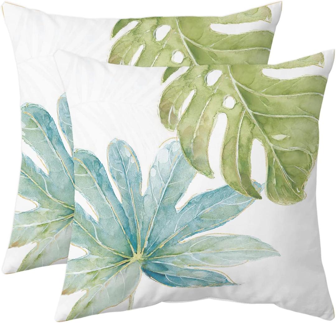 Green Tropical Leaves Throw Pillow Covers Set of 2 Decorative Monstera Palm Leaf Couch Pillow Case Botanical Plant Outdoor Pillow Covers Waterproof Fabric for Patio Bedroom Living Room, 18" x 18", C2