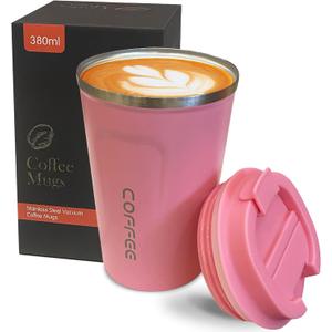 YINBAOGE Insulated Travel Coffee Mug Spill Proof Leak Proof Pobtable To Go Camping Stainless Steel Coffee Tumbler Reusable Coffee Cups with Lids Thermos for Hot and Cold Drink (2nd-Pink, 12 OZ)