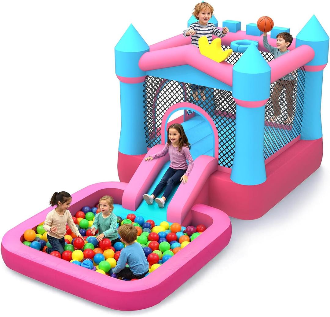 MUKDIY Inflatable Bounce House with Pool & Slide, 12x6.2ft Water Park Jumping Castle for Kids,Heavy-Duty 840D Oxford Fabric, Ages 3-8, Includes 350W Blower, 8 Stakes, Repair Kit (Up to 3 Kids), Pink
