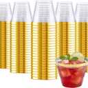 Ciaell 200PCS Gold Plastic Cups - 9Oz Heavy Duty Disposable Clear Plastic Cups with Gold Rim for Wine, Cocktail, Party & Wedding