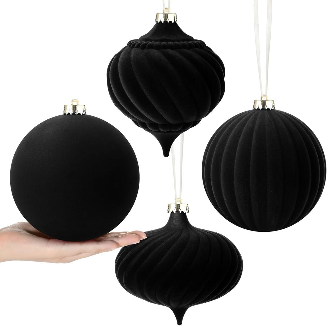 Civaner 4 Pcs 6 Inch Large Velvet Christmas Ball Ornaments Vintage Christmas Plastic Ball Ornaments Flocked Xmas Tree Hanging Decoration for Xmas Party Decor(Black)