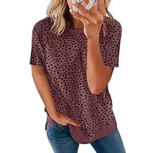 SHEWIN Women's Casual Summer Tshirts Short Sleeve Crewneck Shirts Leopard Print Loose Blouse Basic Tops Graphic Tees T-Shirt for Women, US 16-18(XL), Leopard Dark Red