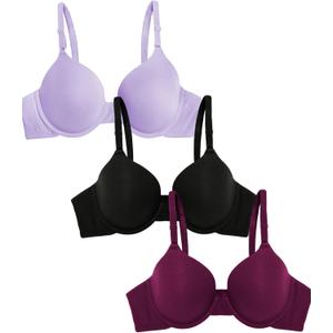 Fruit of the Loom Women's Smooth Cotton T-Shirt Bra Pack - Ultra-Soft, Flexible, and Invisible Under Tees (36B, Lilac Whisper/Purple Velvet/Black)