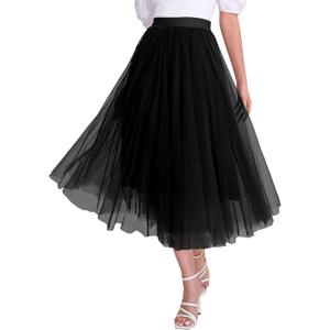Womens Tulle Skirts Midi Elastic High Waist Pleated Mesh Flowy A-Line Party Long Tutu Skirts (Medium)