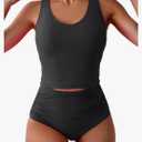 Eomenie Two Piece Tankini Swimsuits for Women Tummy Control Bathing Suits Cutout Back Swim Tank Top with High Waisted Bottom, Etxra Large, Black