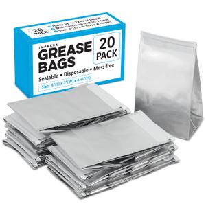 Impresa Disposable Kitchen Grease Bags - 4"x3"x6.75" Liners, 22 oz, 20 Pack - Foil-Lined & Heat-Resistant to 200F - Compatible with Camco Grease Storage Containers
