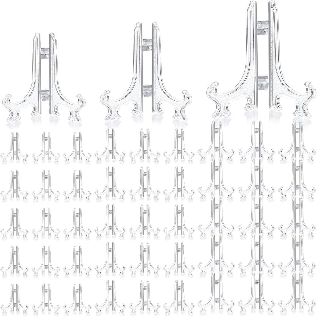 Patelai 48 Pcs Mini Easel Stands 3 4 5 Inch Plastic Plate Stand Holder Display Picture Easel for Display Picture Frame Collectibles Desktop Weddings Party Home Decoration (Clear)