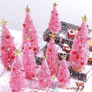 Vertintong 9 Pack Mini Christmas Trees with Ornaments Artificial Christmas Tree Decoration Xmas Bottle Brush Tree with Wood Base for Winter Snow Miniature ScenesTabletop Craft Home Decor (Pink)