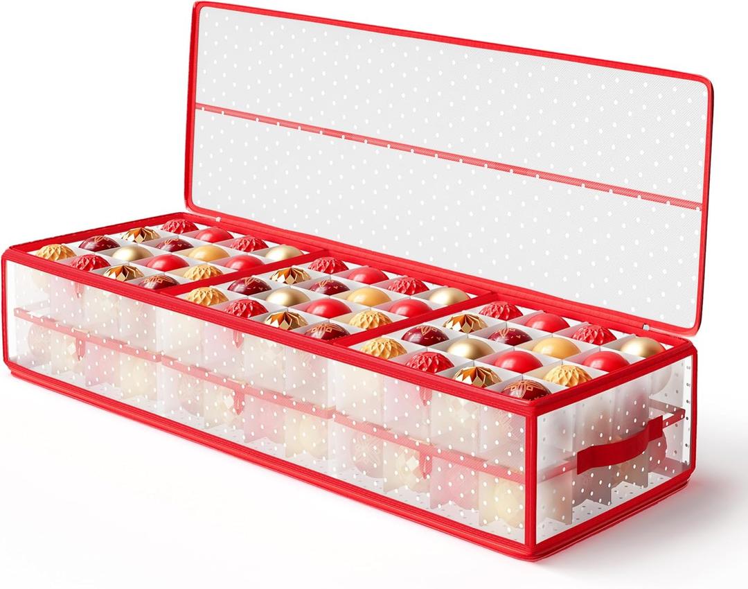 SONGMICS Christmas Ornament Storage Box, 96 Slots of 3 Inches, 38" L x 13.2" W x 6.9" H, Bauble Storage Box with Dividers, Zippers, Side Handles, Under the Bed, Cherry Red URFB031T02